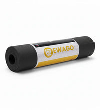 A rolled black yoga mat with a white and yellow EWAGO brand label, shown on a clean white background.