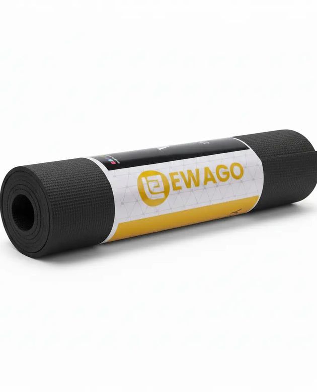 A rolled black yoga mat with a white and yellow EWAGO brand label, shown on a clean white background.