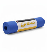 A blue rolled-up yoga mat with a white and yellow EWAGO brand label, shown on a clean white background.