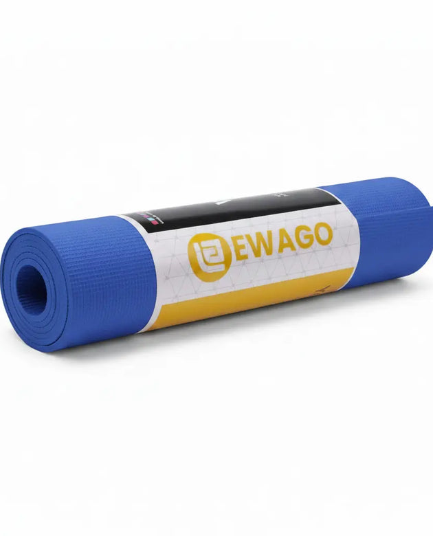 A blue rolled-up yoga mat with a white and yellow EWAGO brand label, shown on a clean white background.
