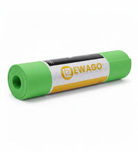 A green rolled-up yoga mat with a white and yellow EWAGO brand label, shown on a clean white background.
