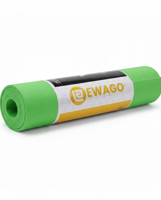 A green rolled-up yoga mat with a white and yellow EWAGO brand label, shown on a clean white background.