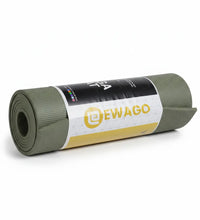 A rolled-up Olive green yoga mat with a black, white, and gold paper band around it, featuring the brand name 'EWAGO'.
