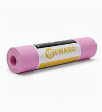 A pink rolled-up yoga mat with a black, white, and yellow EWAGO brand label, shown on a clean white background.