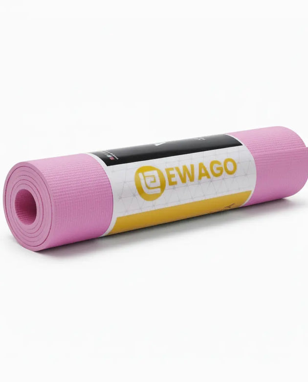 A pink rolled-up yoga mat with a black, white, and yellow EWAGO brand label, shown on a clean white background.