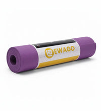 A purple rolled-up yoga mat with a white, yellow, and black paper band around the middle displaying the brand name 'EWAGO'.