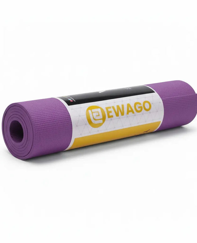 A purple rolled-up yoga mat with a white, yellow, and black paper band around the middle displaying the brand name 'EWAGO'.